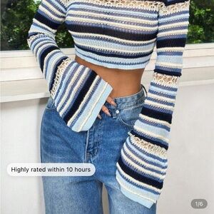 SHEIN Blue Striped Off-the-Shoulder Sweater